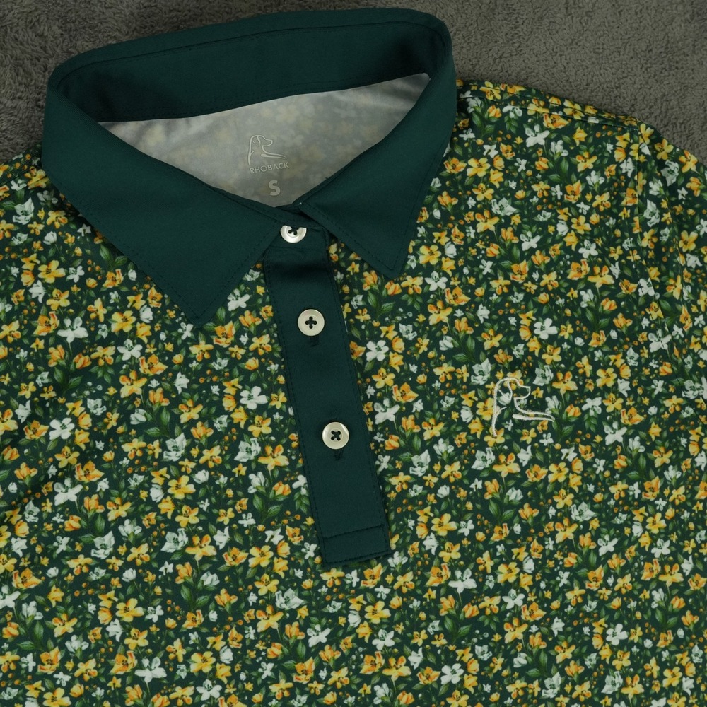 Rhoback Yellow Jasmine Polo Shirt Womens S Green Floral Performance Short Sleeve
